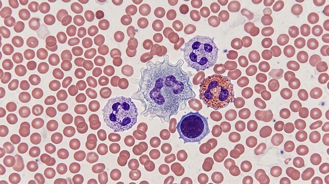 Microscopic view of human blood cells under a laboratory microscope with microscopic laboratory hematology biomedical platelets erythrocytes leukocytes analysis diagnostic research clinical