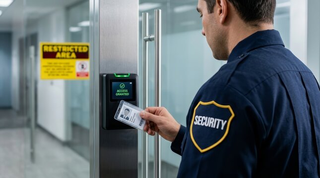 A security officer using an authorization card to enter a restricted area through a secure entry system.