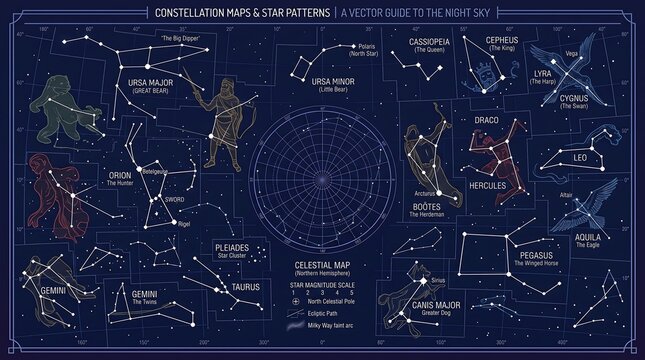 Detailed celestial map showing constellations and star patterns on a dark blue background