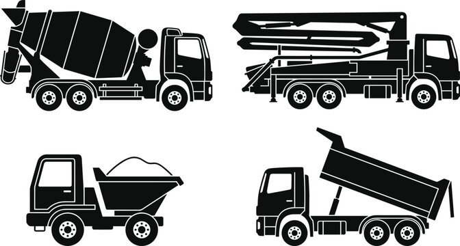 Heavy construction machinery truck silhouette vector set including concrete mixer pump and tipper dump trucks for building projects