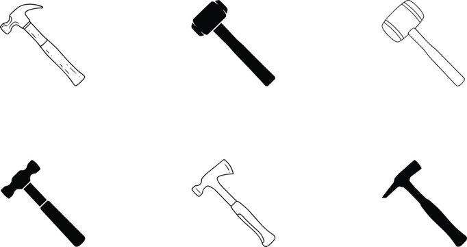 Industrial construction hand tools hammer vector set including claw sledge mallet and ball peen line silhouette icons