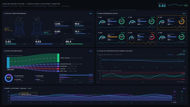High-tech cooling water dashboard visualizing circulation efficiency, losses, and pump demand with animated metrics and sleek dark-mode design for industrial applications.