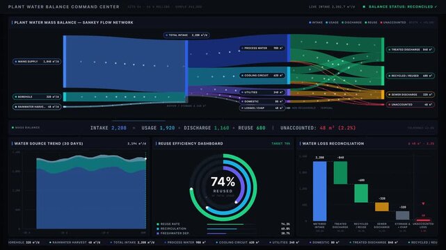 Explore a detailed 4K dark-mode plant water balance dashboard featuring intake, usage, discharge, and reuse metrics with animated flow diagrams and dynamic visualizations.