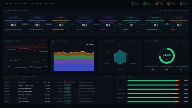 Experience a detailed process water quality monitoring dashboard featuring flow, temperature, and recycling rates with a sleek dark-mode design and dynamic data visualization elements.