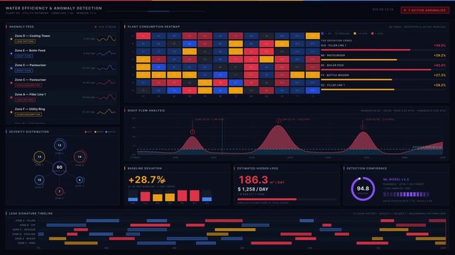 Explore a high-tech water efficiency dashboard showcasing abnormal consumption patterns and identifying hidden plant leaks with a sleek dark-mode interface and vibrant alert colors.
