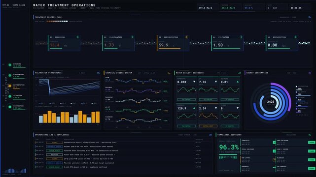 Explore a sophisticated dark-mode water treatment dashboard showcasing filtration quality, chemical dosing, and energy metrics in a dynamic animated interface.