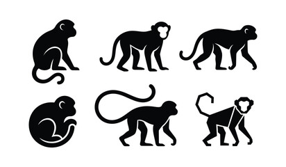 A collection of monkey silhouette icons in various poses—minimalist vector designs on a white background. © Iwang