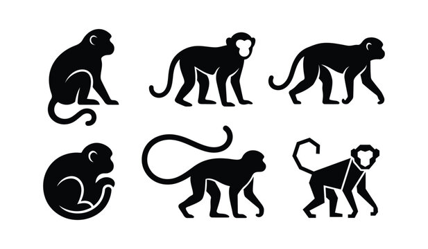 A collection of monkey silhouette icons in various poses&mdash;minimalist vector designs on a white background.