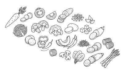 Obraz premium Vegetable Preparation Sliced Chopped Grated and Fresh Food Line Art Vector Set