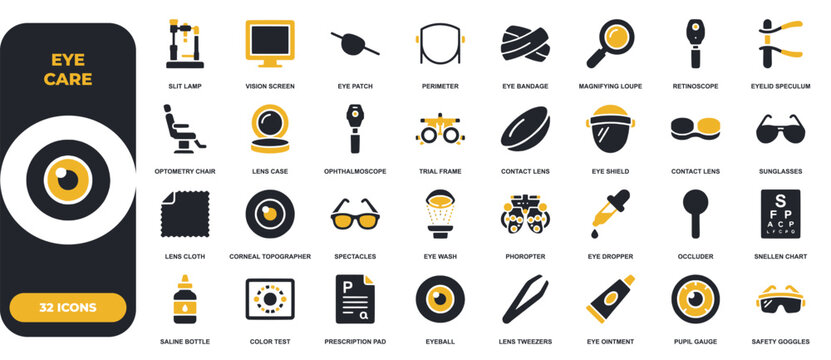 Eye care and ophthalmology icon set. Containing slit lamp, phoropter, contact lens, spectacles, eye dropper, snellen chart, retinoscope, and safety goggles. Vector solid icons collection.