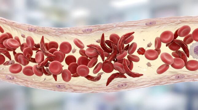 Medical visualization of sickle cell anemia in human blood vessels with crescent shaped red cells blood vessel circulatory system blood disorder medical illustration human body crescent shape