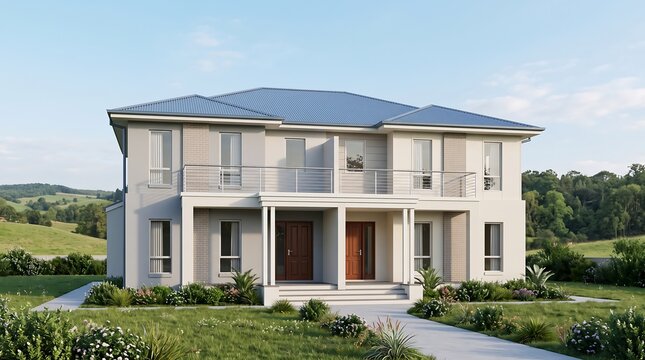 Modern two story residential duplex home exterior with light grey rendered walls and dark metal roof featuring a spacious balcony and manicured garden setting in a suburban neighborhood