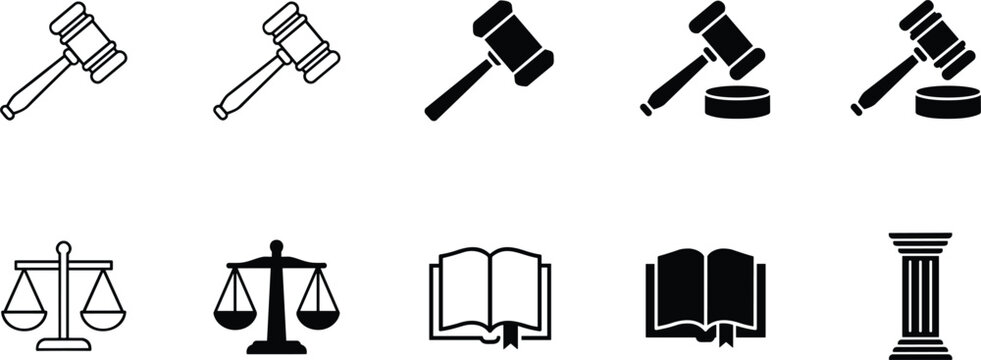 Legal system justice icon set featuring judge gavel scales of justice law book and architectural pillar line silhouette vectors