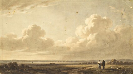 Obraz premium Vintage pastoral landscape with dramatic clouds and figures in an open countryside
