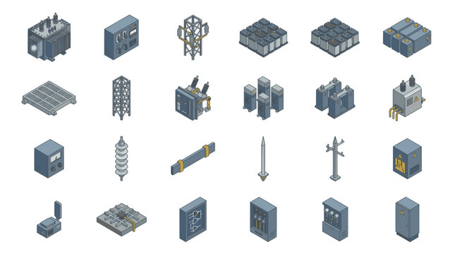 Corporate Isometric Set of Modern Electrical and Electronic Equipment in Blue Gray and Yellow Color Scheme