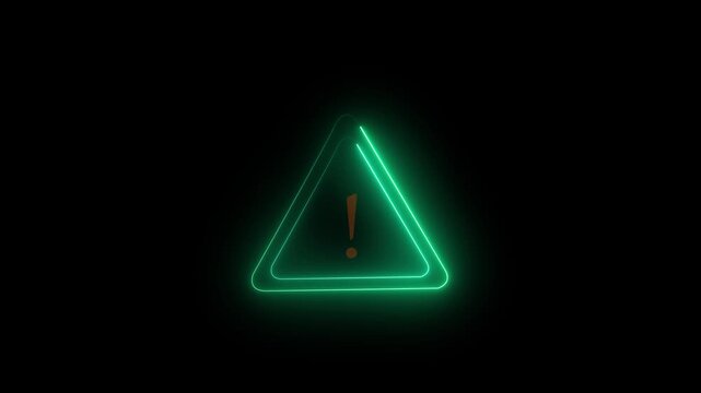 Glowing neon red alert warning attention icon animation. Danger risk hazard alert road warning sign stop error signal emergency problem issue important sign symbol on black background