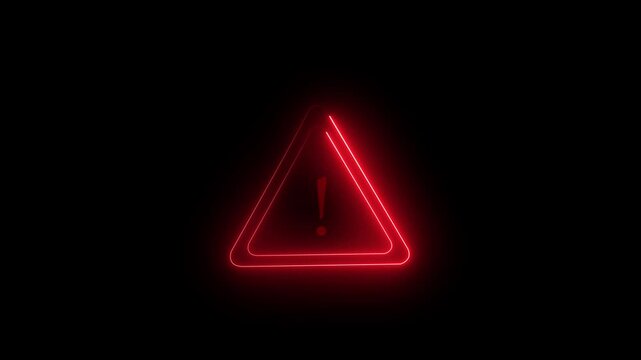 Glowing neon red alert warning attention icon animation. Danger risk hazard alert road warning sign stop error signal emergency problem issue important sign symbol on black background