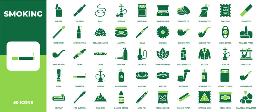 Smoking and tobacco accessories icon set. Containing lighter, vape pen, hookah, matchbox, tobacco tin, cigarette, cigar, ashtray, smoking pipe, and e-liquid bottle. Vector solid icons collection.