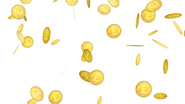 Animation of falling gold pound sterling coins on white background for financial success concepts.