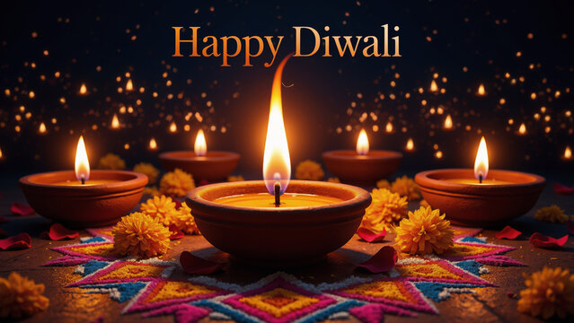 Happy Diwali Horizontal Banner with Lit Clay Diyas and Rangoli Pattern