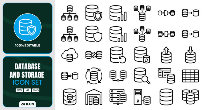 Database and storage management line icon set featuring data structure server information symbols database management