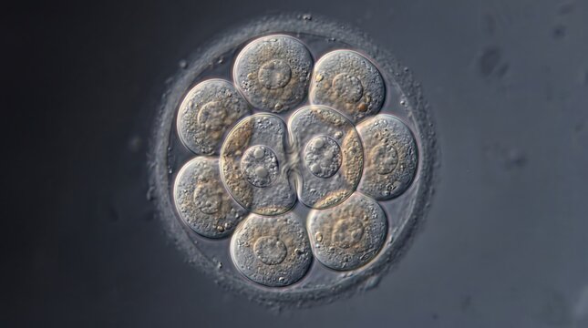 Eight cell human embryo at early stage of development under microscope with embryonic development cell division fertility treatment in vitro fertilization reproductive health cell research