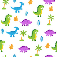 Cute dinosaur seamless pattern with colorful cartoon dinos, palm trees, and tropical leaves for kids fabric, nursery wallpaper, wrapping paper, and baby room decor vector illustration. © GunArtCreative