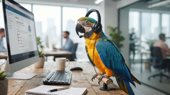 Professional office environment featuring a colorful parrot using a computer and headphones.