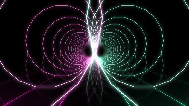 Neon geometric tunnel loop, abstract glowing wireframe lines in pink and green, futuristic synthwave background for music visuals and VJ sets