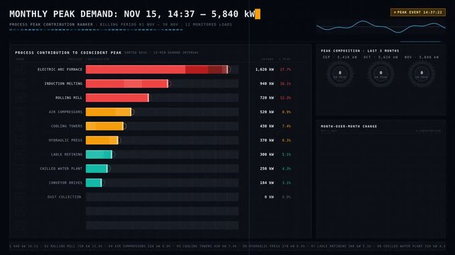 Visual representation of an Electrical Demand Dashboard featuring a peak contribution ranker with a colorful bar chart and donut charts for industrial processes.