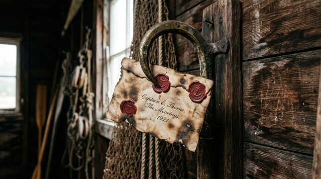 Close up of an antique brass hook holding a weathered parchment letter with red wax anchor seals, set against a rustic wooden background with nautical fishing nets and maritime equipment.