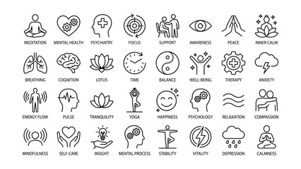 Obraz premium Minimalist icons representing various mental health and wellness concepts with transparent background