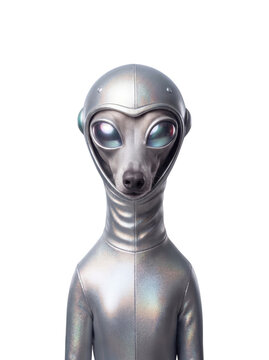Sleek futuristic dog alien portrait with silver metallic suit
