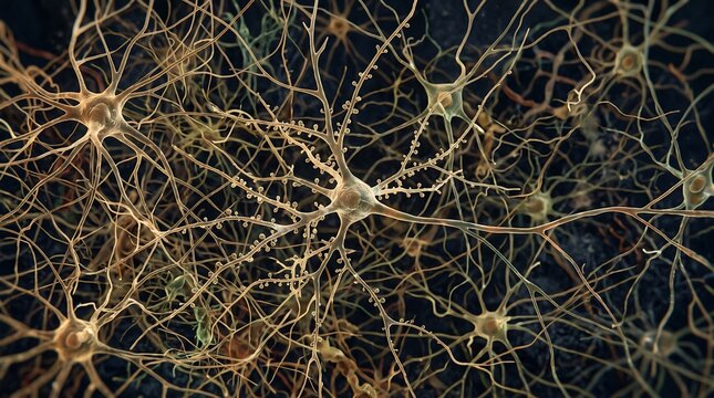 Complex network of interconnected neurons and synapses in the brain with neural network nervous system nerve cell brain activity brain function medical illustration data processing neural conne