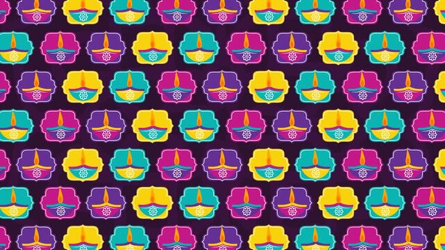 A seamless grid pattern of vibrant diya lamps set inside colorful geometric badges over a deep purple backdrop. A cheerful 4K looping animation ideal for festive stage backdrops and ads.
