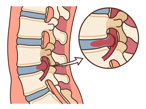 Medical illustration of a lumbar intervertebral disc herniation with nerve root compression herniated disc spinal disc lumbar spine spinal cord back pain spine health human body slipped disc