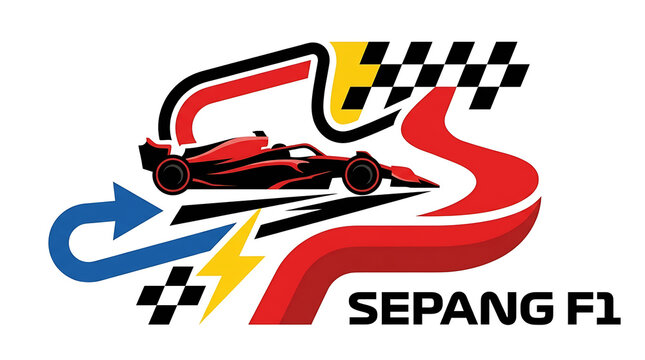 Sepang F1 Malaysia Racing Circuit Illustration with Formula One Car, Transparent Background, Isolated on White