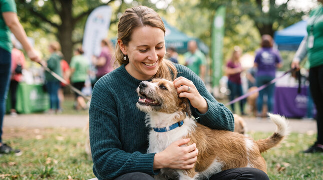 Woman happily petting dog outdoors at a community event