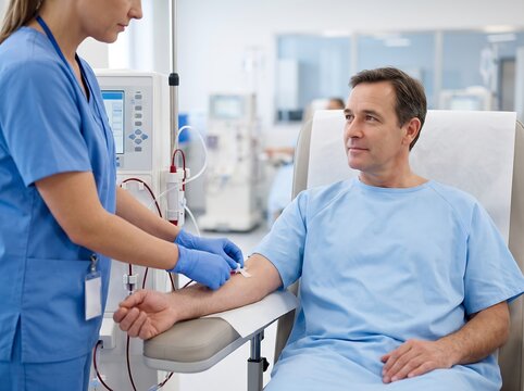 A nurse in blue scrubs and gloves carefully inserts an IV into the arm of a male patient sitting in a dialysis chair, with medical equipment in the background.