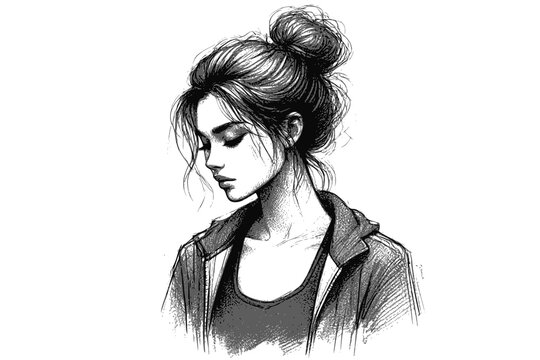 Sketch of a sad girl with a messy bun and downcast eyes &ndash; design for t-shirt prints, character concept art, and emotional blog illustrations. JPEG version.
