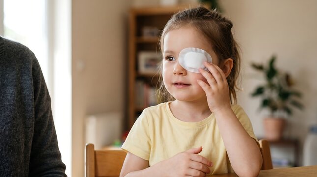 A young girl with an eye patch on her right eye looks thoughtfully to the side, sitting indoors in a bright room.