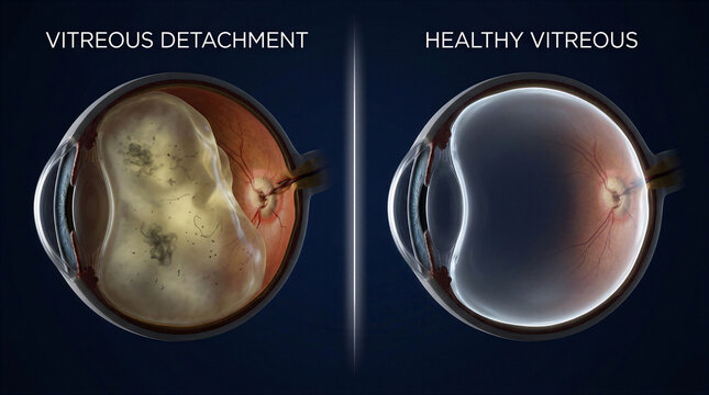 Medical illustration comparing a healthy human eye with a posterior vitreous detachment condition