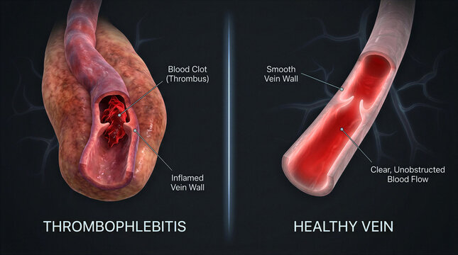Medical comparison of thrombophlebitis and a healthy vein with clear blood flow illustration