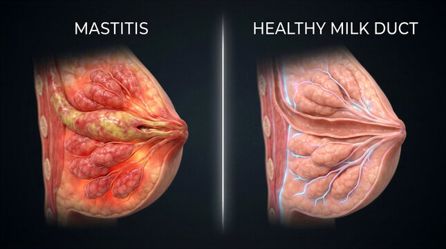 Medical illustration comparing mastitis and a healthy milk duct in human breast anatomy