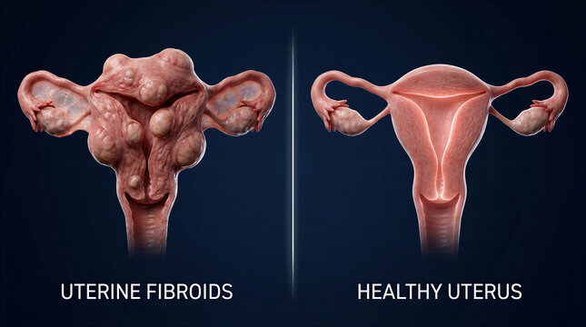 Medical comparison of a uterus with fibroids versus a healthy uterus for clinical education