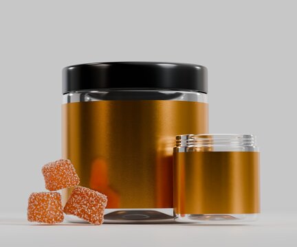 3d tub containers with gold labels, and sugary sweet gummy candies