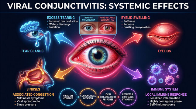 Educational infographic explaining the systemic effects and symptoms of viral conjunctivitis