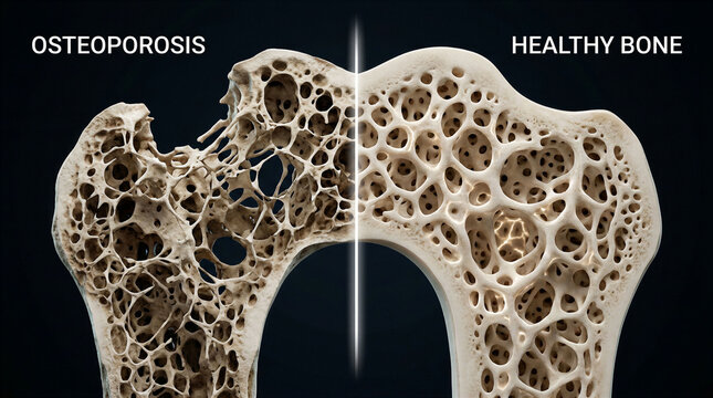 Comparison of healthy bone structure versus bone affected by osteoporosis in medical study