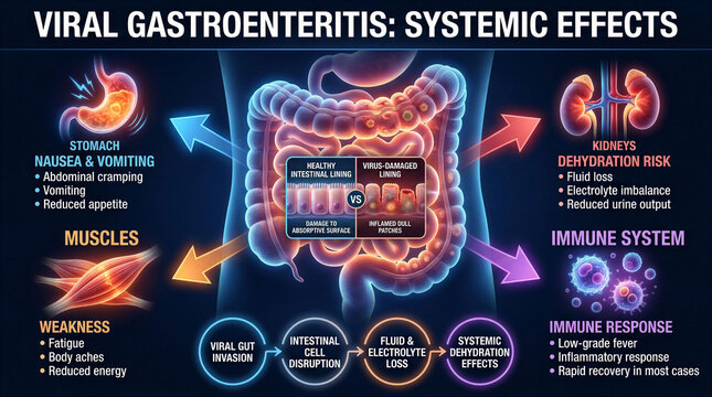 Medical infographic showing the systemic effects and physiological impact of viral gastroenteritis