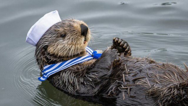 Playful Sea Otter in Sailor Outfit Floating on Water Surface